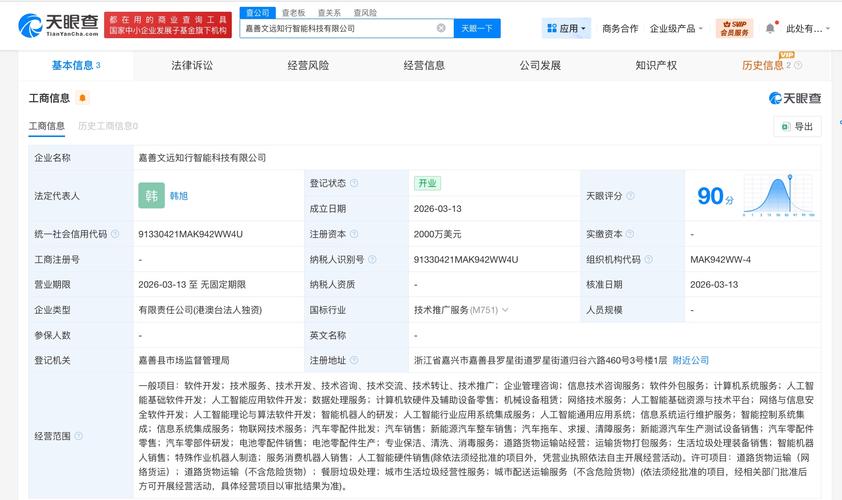 注冊資本2000萬美元,經營范圍包括軟件開發,人工智能基礎軟件開發,人
